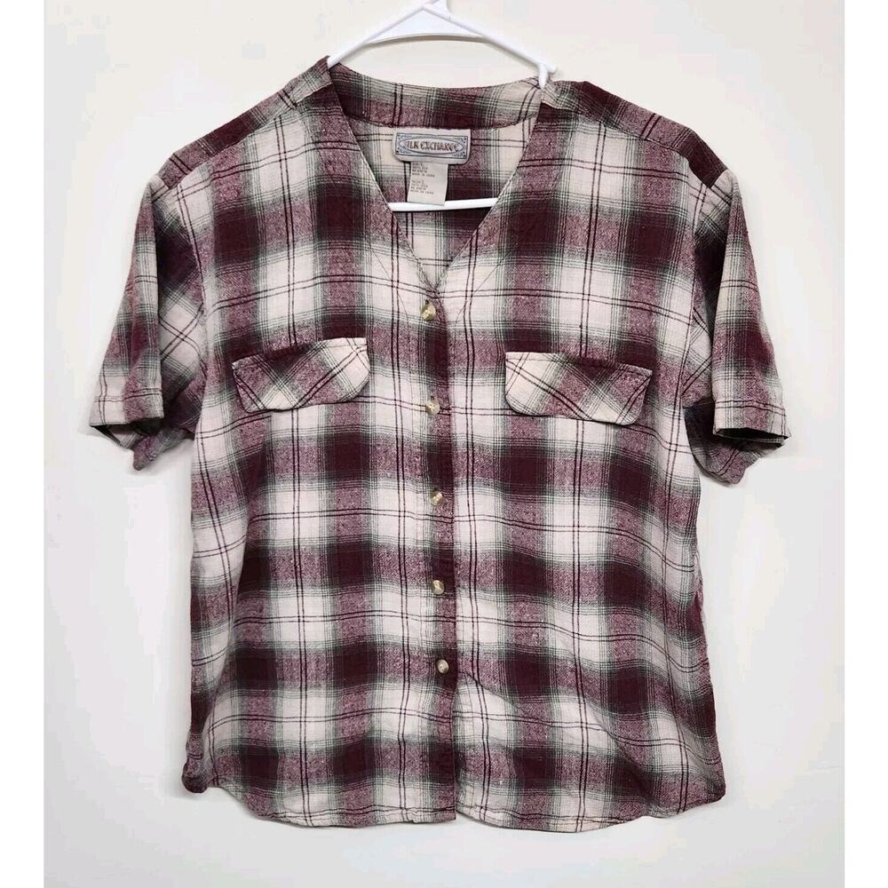 Silk Exchange 100% Silk Short Sleeve Button Down Shirt Woman's Large 1391